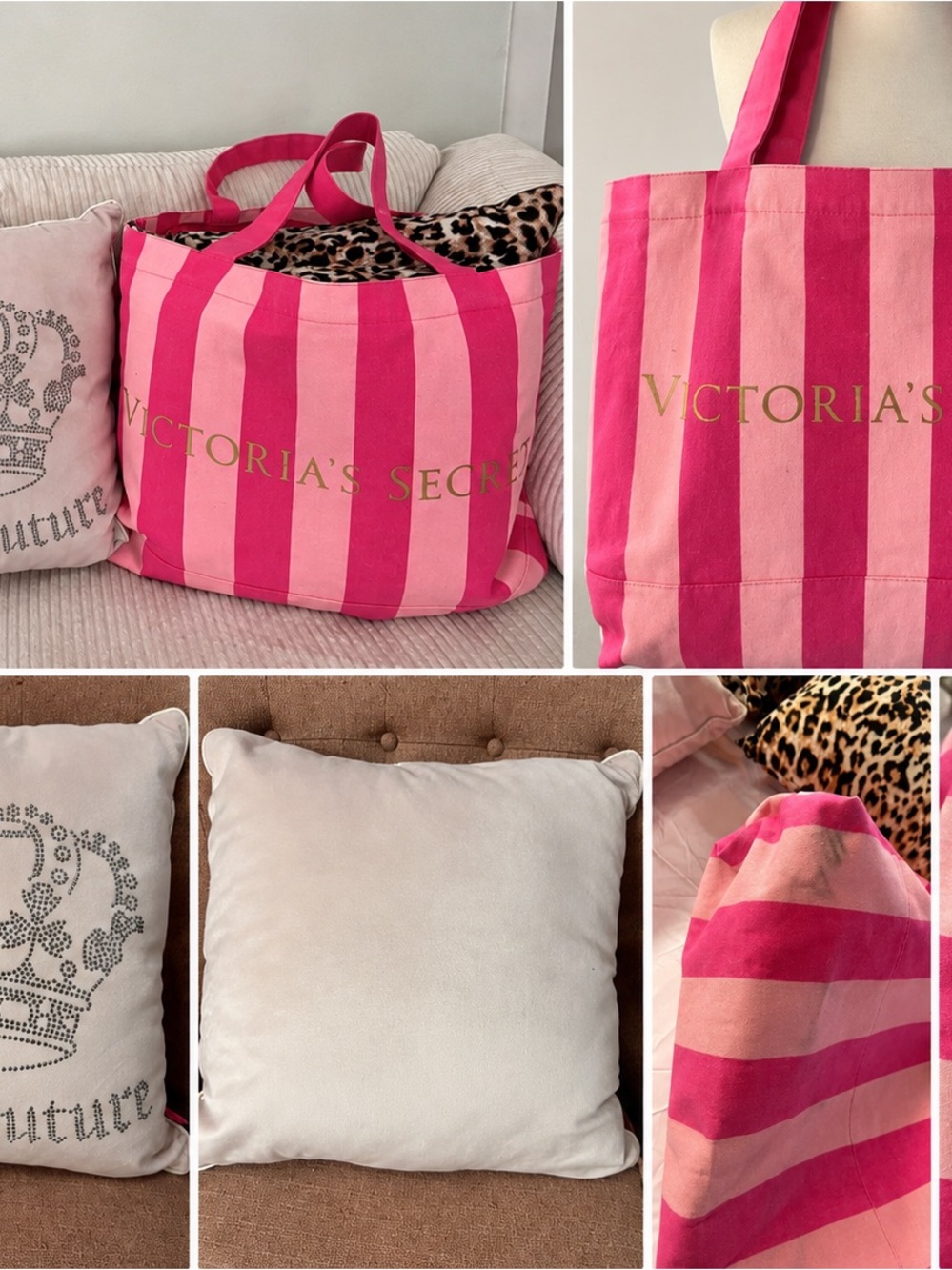 Vintage Victoria’s Secret Pink Stripe Tote + Juicy Couture Pillow Y2K